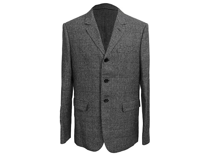 Céline  Celine Single-Breasted Plaid Tweed Blazer in Grey Wool