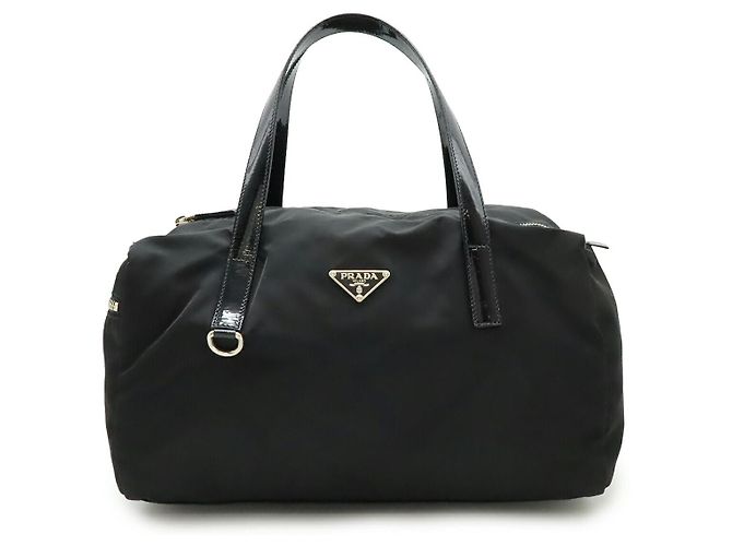 Borsa in nylon e pelle verniciata con logo Triangle Prada Nero