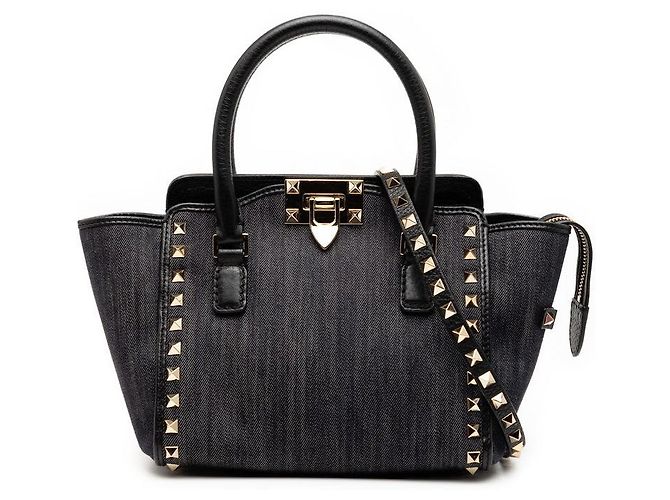 Bolsa 2way em denim e couro Rockstud Valentino Preto Azul