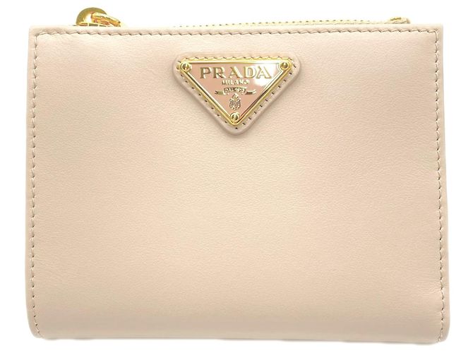 Prada Leather Triangle Logo Bi-fold Wallet Beige