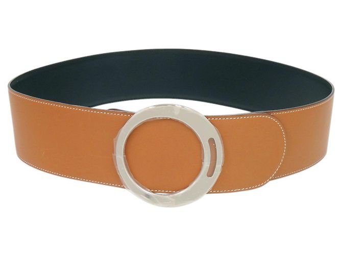 Hermès Cinto de couro com fivela redonda Hermes Marrom Prata