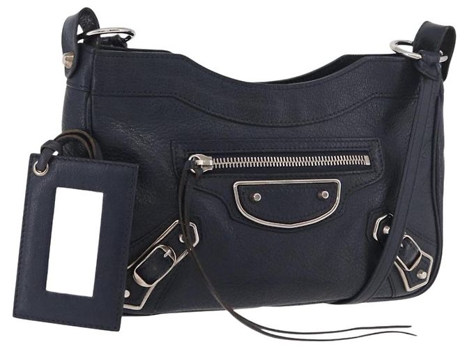 BALENCIAGA Borsa a Spalla Hip Metallic Edge in Pelle Navy Silver Auth 189871A Argento Blu navy
