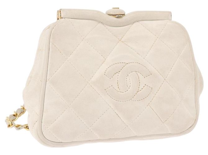 CHANEL Bolso Cinturón con Cadena de Piel de Cordero Blanco Oro CC Auth 189310A Dorado