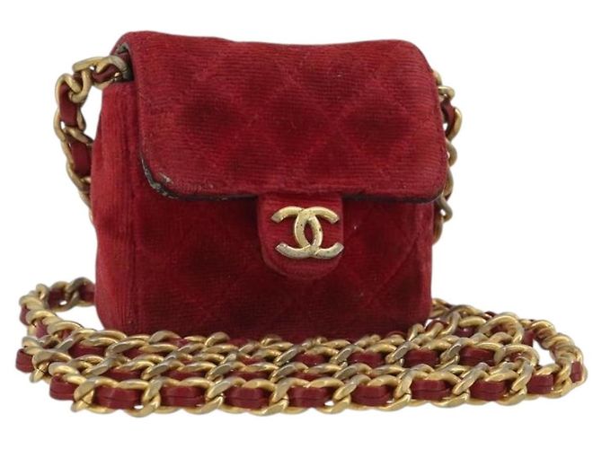 CHANEL Mini Mini Matelasse 7 Chain Shoulder Pouch Velor Red Gold CC Auth 189515 Roja Dorado