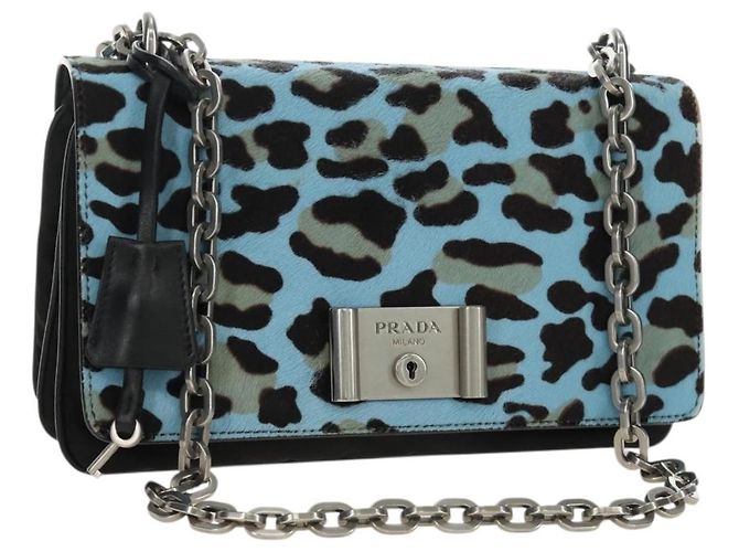 Borsa a Spalla con Catena PRADA in Pelle di Vitello Light Blue Silver Auth 189257V Argento Blu chiaro