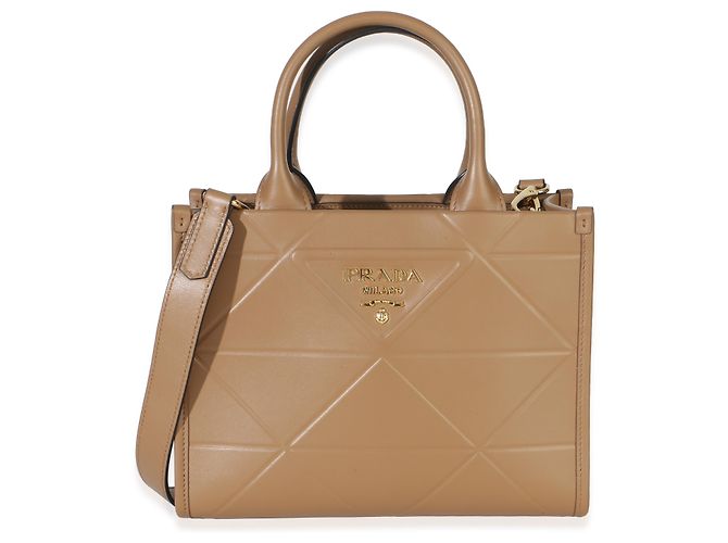 Mini tote Prada in pelle di vitello morbida beige scuro Triangolo Symbole Marrone