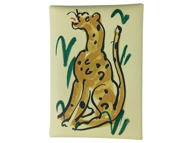 Hermès Hermes Calvi Duo Spring Panther Jaune Card Holder
