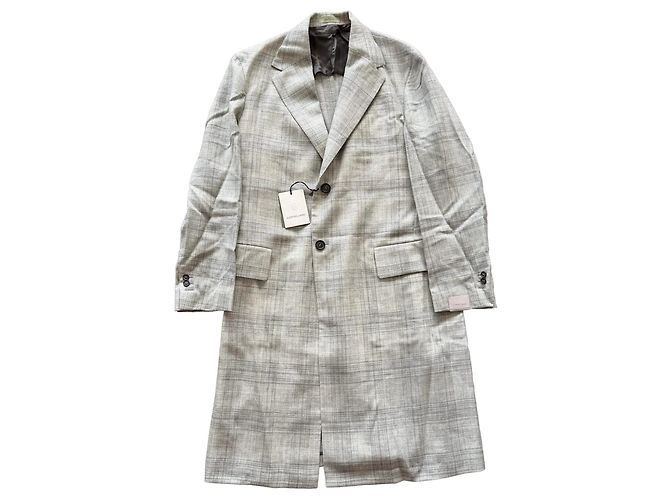Corneliani Single-Breasted Check Wool Coat in Gray, Size 52 IT Brown
