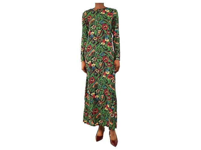 Autre Marque Langarm-Maxikleid mit schwarzem und grünem Blumenmuster - Größe XS