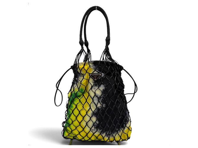 Prada 1BC072 Triangle Logo Leather Mesh Tote Bag Black Yellow