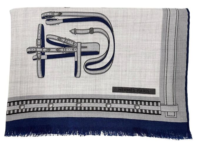 Hermès Hermes Rectangle Lettre Equestre Cashmere Silk Stole Brown Navy blue