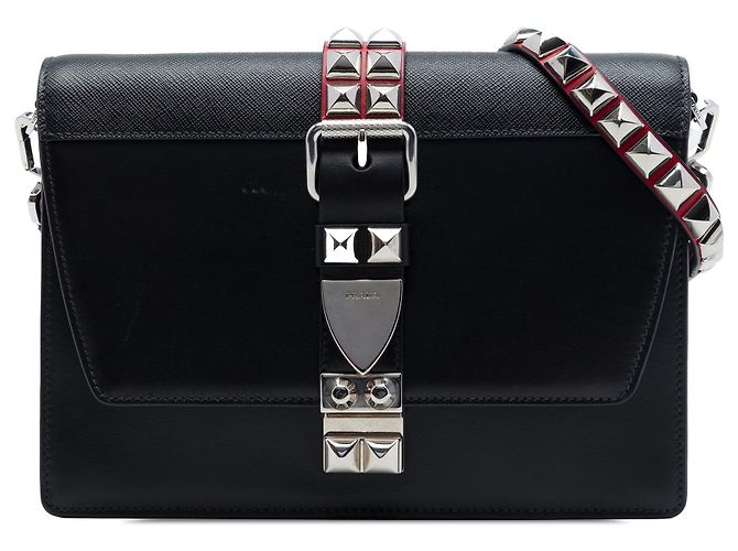 Borsa a tracolla Elektra in pelle di vitello nera e Saffiano con borchie Prada Nero