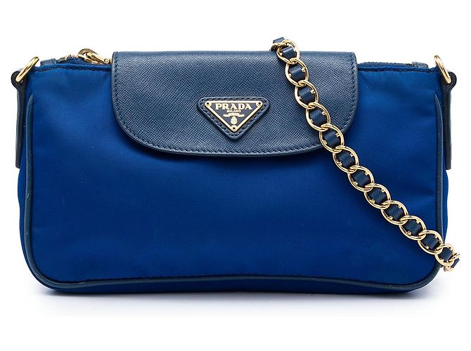 Bolsa transversal Prada Tessuto azul com acabamento em Saffiano e corrente
