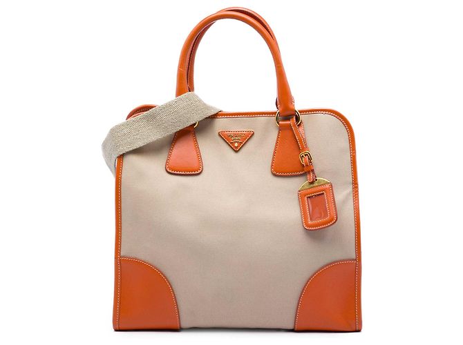 Bolsa Prada de lona Canapa bege com acabamento em Saffiano