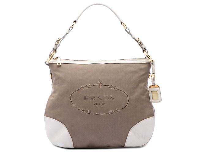 Prada Beige Canvas Canapa Logo Shoulder Bag