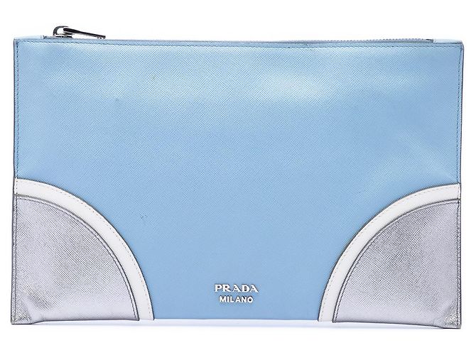 Prada Blue Tricolor Saffiano Clutch Blau Hellblau