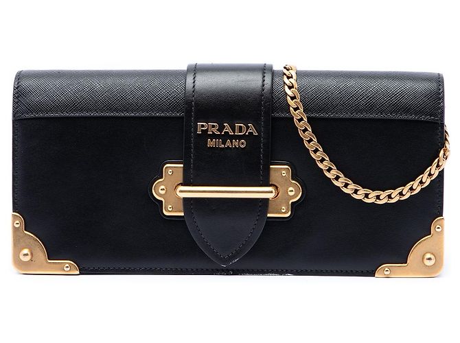 Clutch de corrente Cahier em couro de vitelo e Saffiano preto da Prada