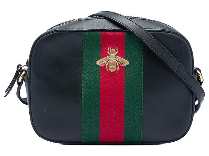 Sac bandoulière Gucci Black Calfskin Web Webby Bee Noir