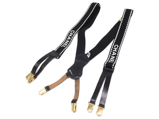 Suspensor de ligas em couro e tecido Chanel Preto Branco