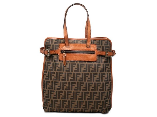 Fendi Zucca Canvas Leather Tote Bag Brown
