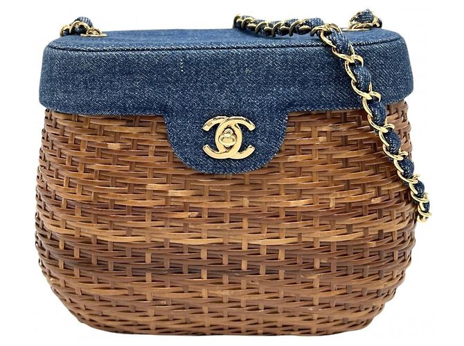 Bolso de hombro de paja y denim para mujer Chanel Castaño Azul