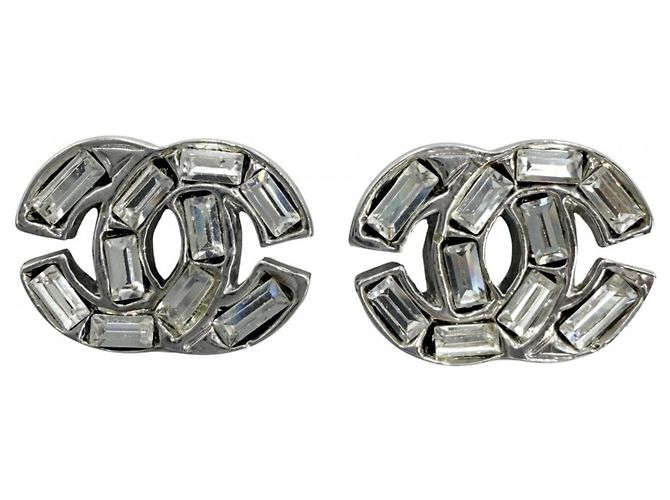 Pendientes de botón Chanel con strass Plata