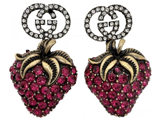 Gucci Erdbeer-Motiv Stecker-Ohrringe Pink Golden