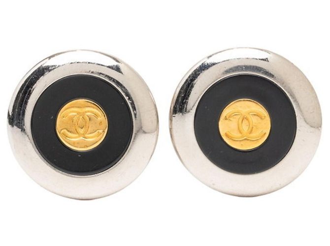 Orecchini a clip rotondi Coco Mark Vintage Chanel Nero Argento D'oro
