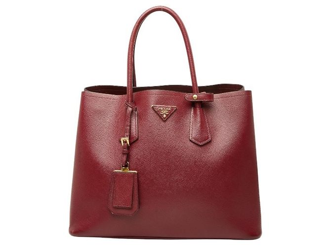 Prada Triangle Logo Plate Saffiano Double Medium Tote Bag Rot Bordeaux