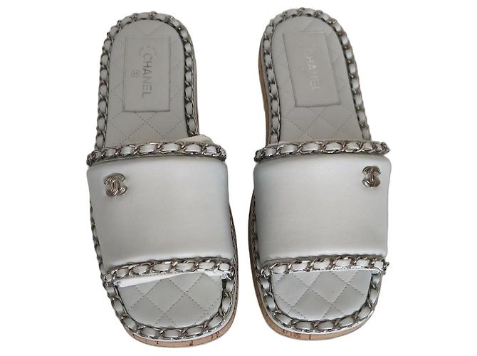 Chanel White Leather Chain Mules