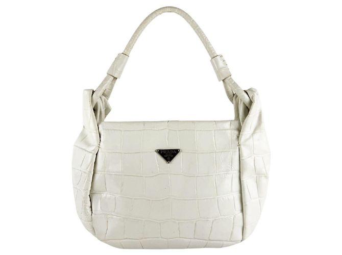 Sac à main en cuir gaufré blanc cassé Prada