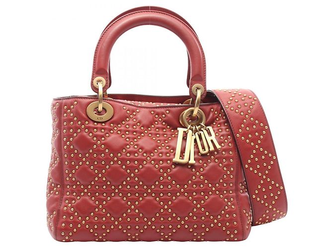 Christian Dior Dior LADY DIOR Borsa 2-Way con borchie Bordò