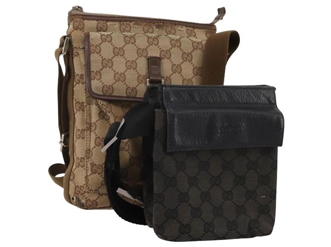 Sac à bandoulière GUCCI GG Canvas 2 Set Beige Black Auth 186360 Noir