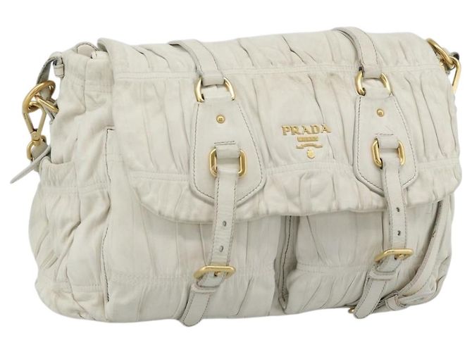 Bolsa de Ombro PRADA em Couro Branco Ouro Auth ka5003A Dourado