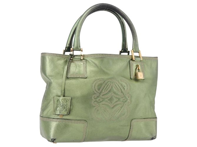 Sac à main LOEWE Anagram en cuir Vert Or Auth bs35915 Doré
