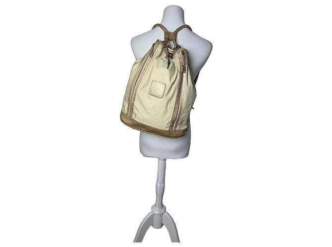 Vintage Loewe Canvas Rucksack Drawstring Cream Gold Beige