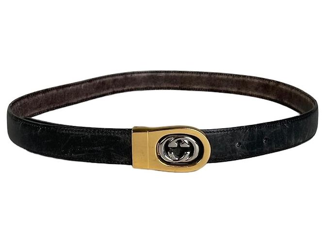 Vintage Gucci Interlocking G Ledergürtel Schwarz Gold