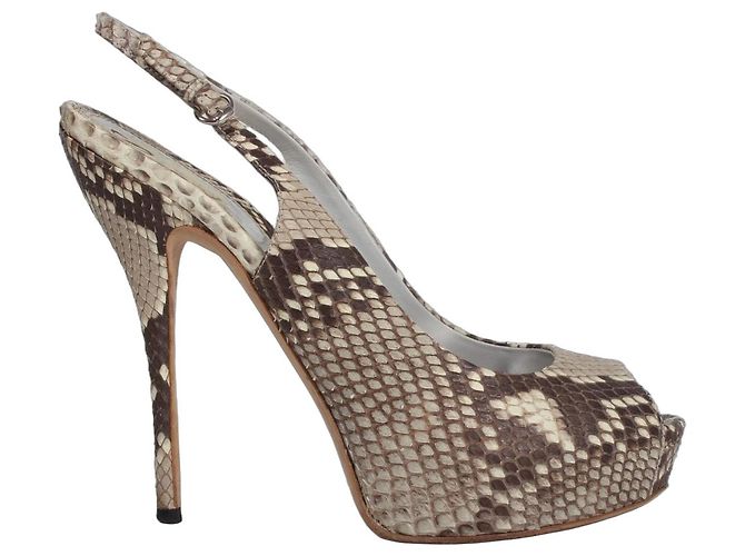 Gucci Python Leather Slingback Peep-Toe Platform Heels Brown White Python print