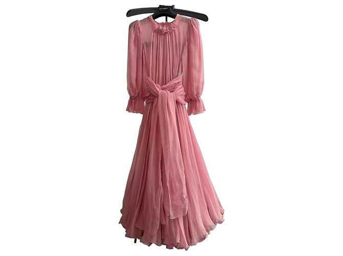Dolce & Gabbana Vestido Longo de Seda Plissada Rosa