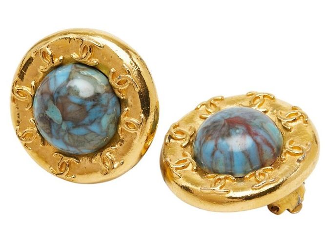 Orecchini tondi vintage Chanel Coco Mark Blu D'oro