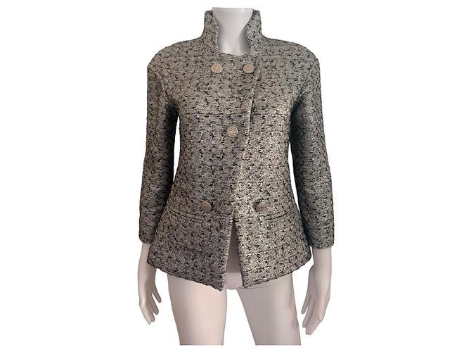 Chanel Double-Breasted Tweed Jacket Black White Grey