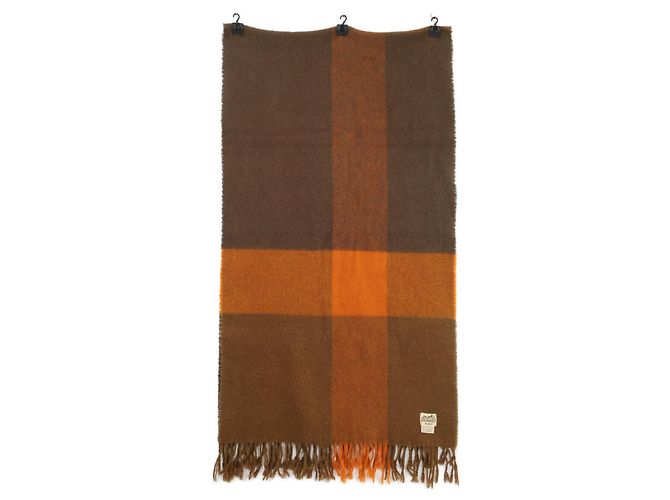 Hermès Hermes Wolle Stola mit Karomuster und Fransen Braun Orange