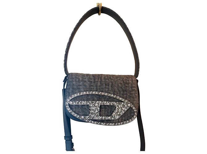 Diesel 1DR Sac Bandoulière Denim Monogramme et Strass Gris Métallisé