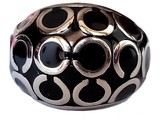 Anillo de cúpula Coach esmalte negro y plata Talla EU 58