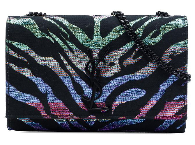Saint Laurent Borsa a tracolla Kate Small Black Canvas Metallic Tiger Print Monogram Nero