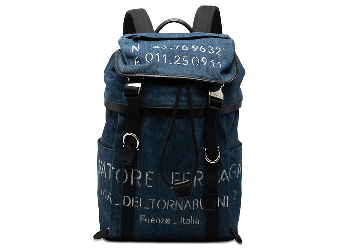 Salvatore Ferragamo Ferragamo Blue Printed Denim Backpack