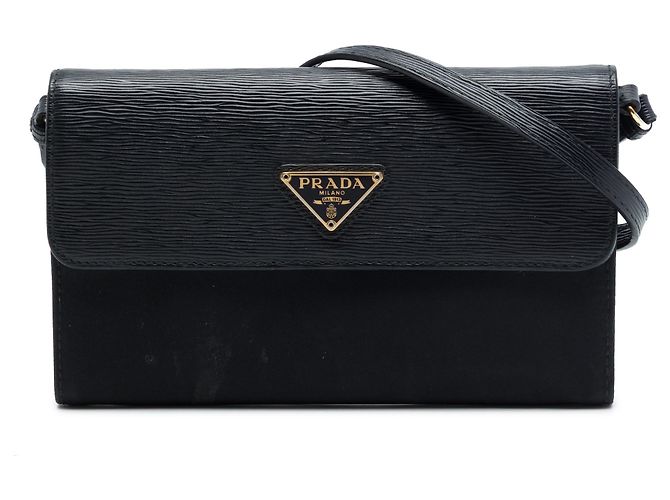 Prada Black Vitello Move and Tessuto Wallet On Strap