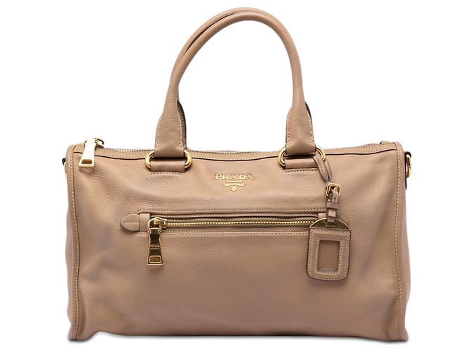 Bolsa Prada Brown Vitello Daino Zip Top Satchel Marrom Carne