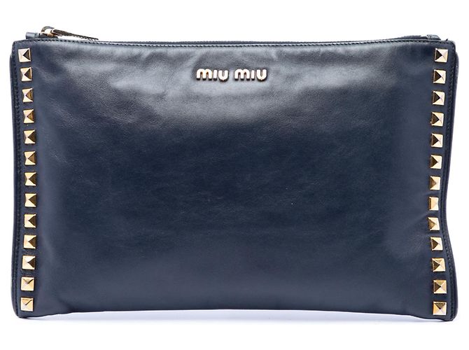Clutch in pelle blu con borchie Miu Miu Blu navy