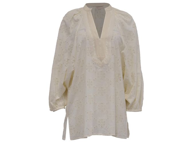 Blusa túnica de bordado Tory Burch en algodón crema Blanco Crudo